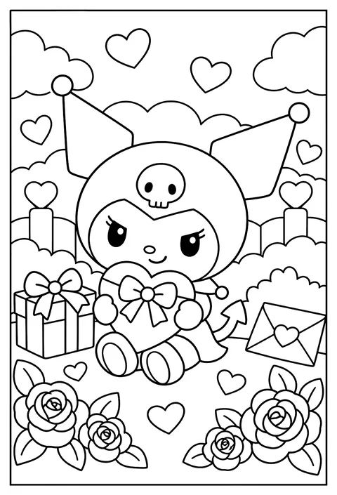 Kuromi on a Valentine's Day card holding a heart with a devil tail, roses around coloring page