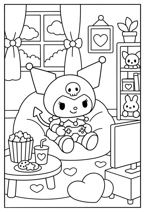 Kuromi playing video games on a beanbag with snacks and a controller coloring page