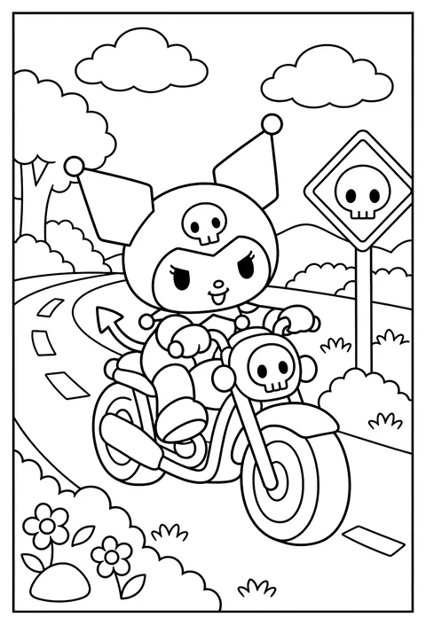 Kuromi riding a motorbike with a skull on the front, speeding past a road sign coloring page