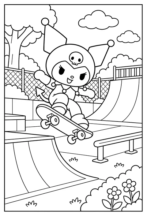 Kuromi skateboarding in a skate park, ramps and graffiti-free walls coloring page