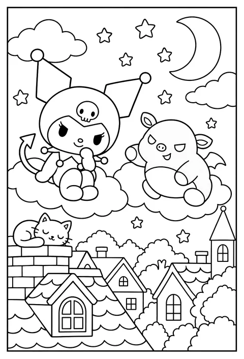 Kuromi with her sidekick Baku floating in a starry night sky over rooftops coloring page