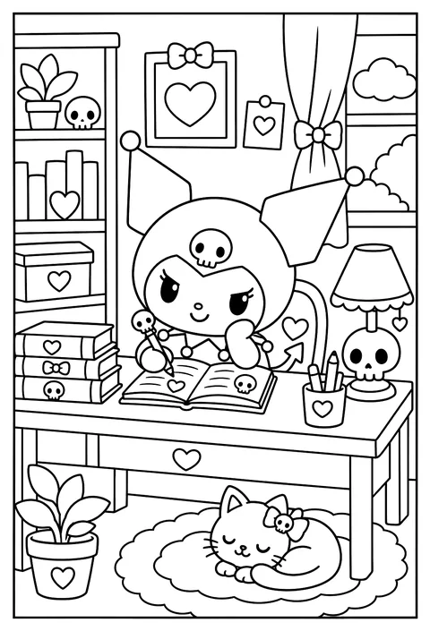 Kuromi writing in her diary at a desk with a skull lamp and a stack of books coloring page