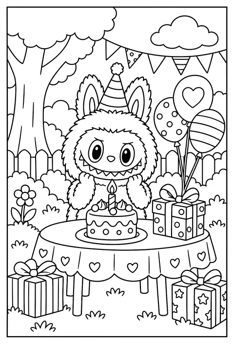 Labubu at a birthday party with a tiny cake and a single candle coloring page