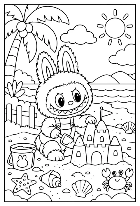 Labubu building a sandcastle at the beach with a tiny bucket and spade coloring page