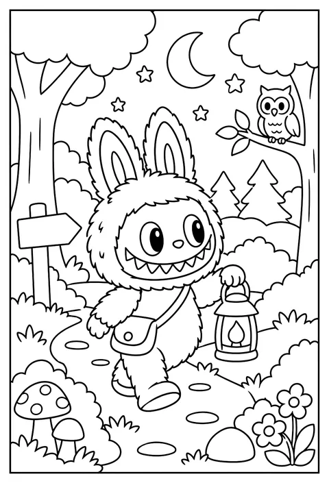 Labubu carrying a small lantern along a nighttime forest path coloring page