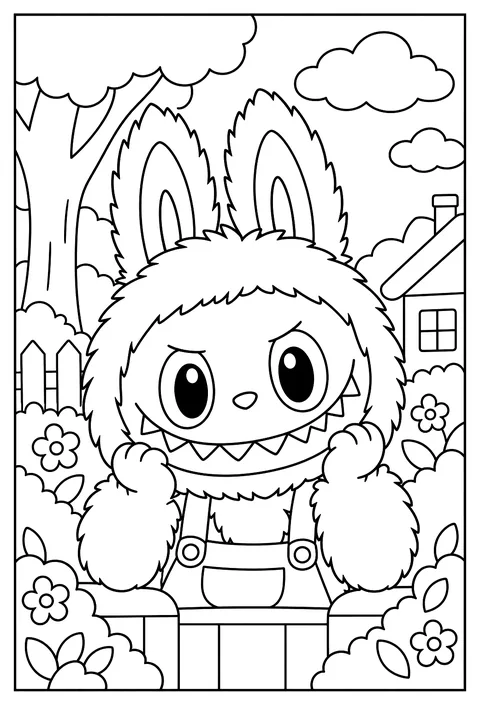 A close-up portrait of Labubu's toothy grin and pointed ears coloring page
