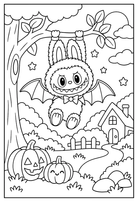 Labubu dressed as a bat with small wings, hanging from a tree branch coloring page