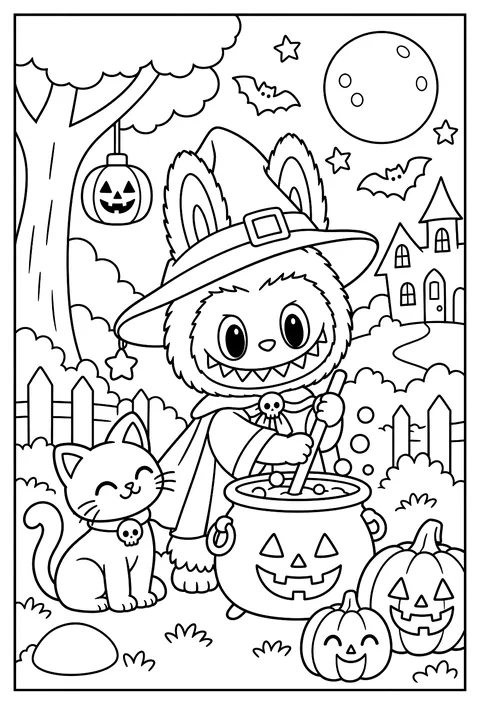 Labubu dressed as a witch stirring a tiny cauldron for Halloween coloring page