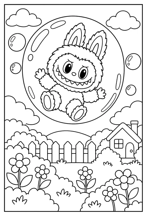 Labubu floating inside a large soap bubble above a garden coloring page