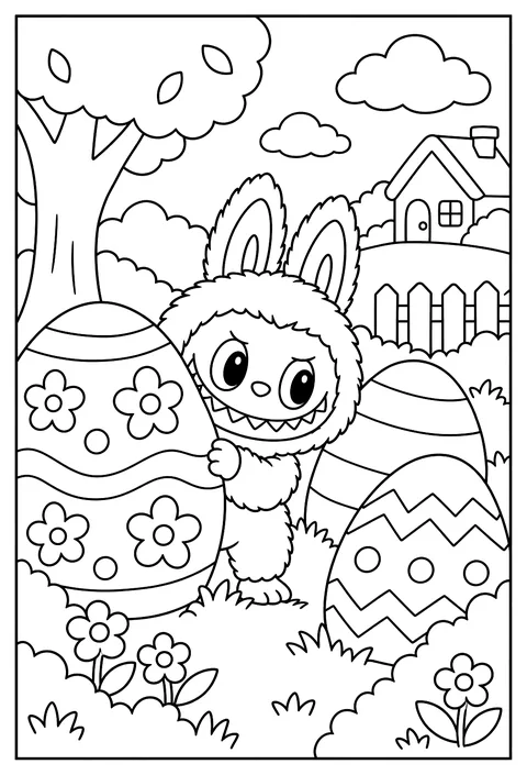 Labubu hiding among giant decorated eggs in a spring meadow for Easter coloring page