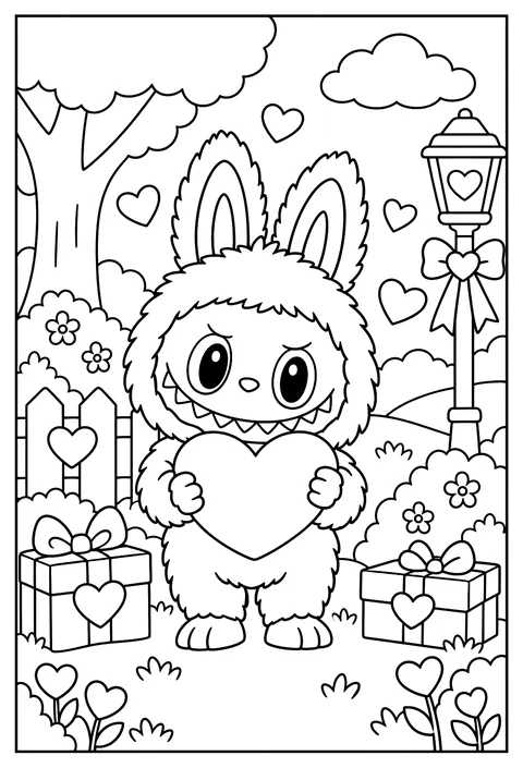 Labubu holding a big heart for Valentine's Day surrounded by small hearts coloring page