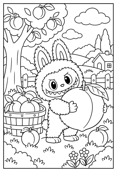 Labubu hugging a large peach almost bigger than itself coloring page