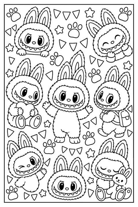 A pattern page of Labubu faces, paw prints and jagged tooth shapes coloring page