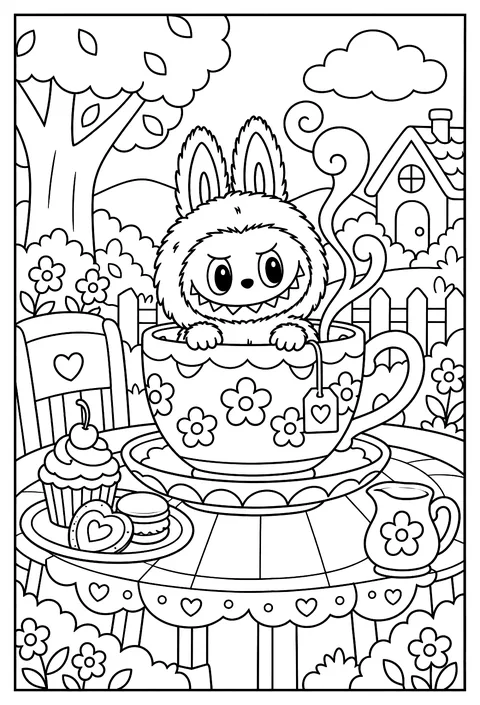 Labubu peeking out of a giant teacup on a saucer with swirling steam coloring page