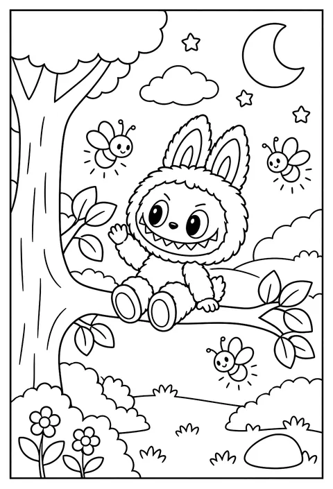Labubu perched on a tree branch surrounded by softly glowing fireflies coloring page
