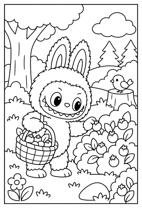 Labubu picking berries into a woven basket in a forest coloring page