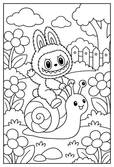 Labubu riding a snail through a garden of oversized flowers coloring page
