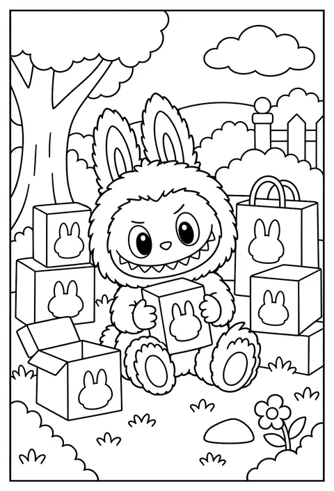 Labubu sitting among stacked blind-box crates with a curious grin coloring page