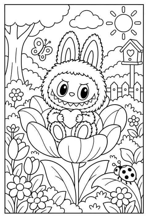 Labubu sitting inside a blooming flower like a cozy chair coloring page