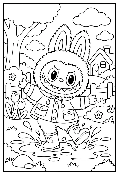 Labubu splashing in a puddle while wearing tiny rain boots coloring page