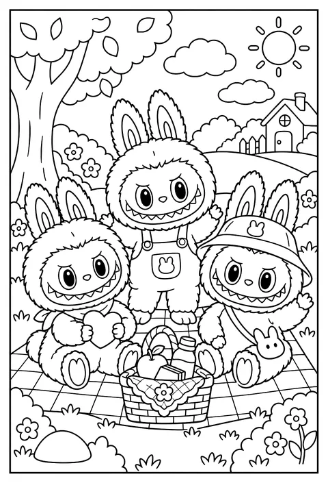 Three Labubu friends standing together in a group pose coloring page