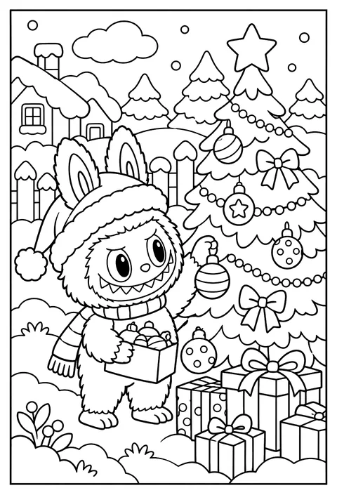Labubu wearing a Santa hat beside a decorated Christmas tree coloring page