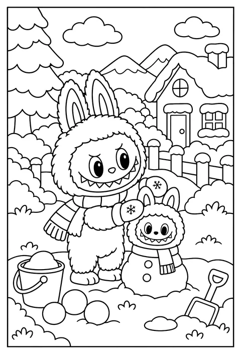 Labubu wearing a scarf and mittens while building a tiny snow-Labubu coloring page