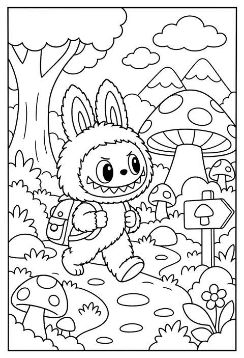 Labubu wearing a tiny backpack exploring a mushroom forest coloring page
