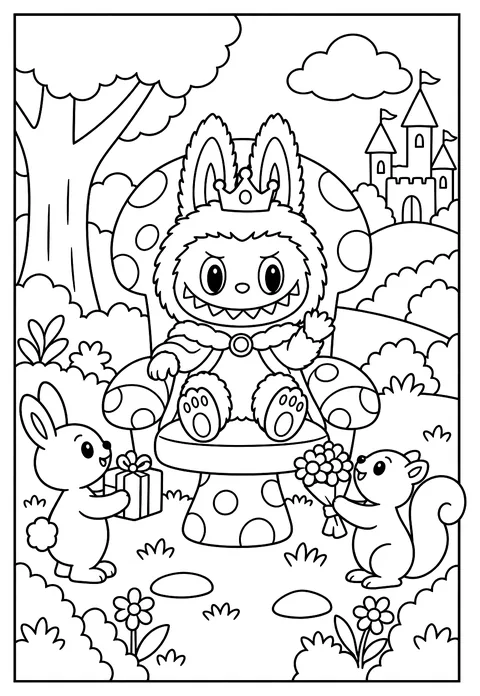 Labubu wearing a tiny crown while sitting on a mushroom throne coloring page