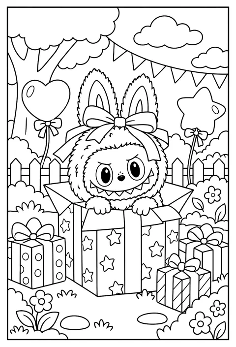 Labubu wrapped like a gift with a bow on top, peeking out of a box coloring page