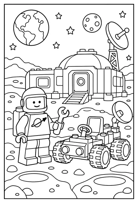 A LEGO astronaut minifigure exploring a brick moon base with a rover coloring page