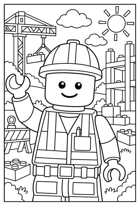 A close-up portrait of a LEGO minifigure face with its cylindrical head coloring page