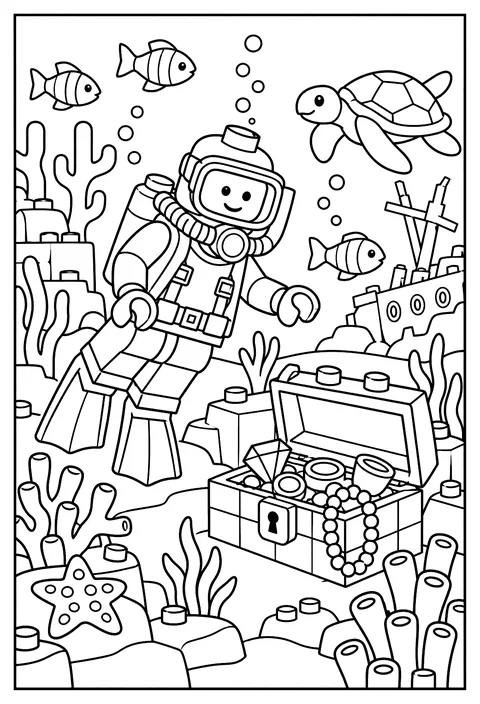 A LEGO diver minifigure exploring a brick coral reef with a treasure chest coloring page
