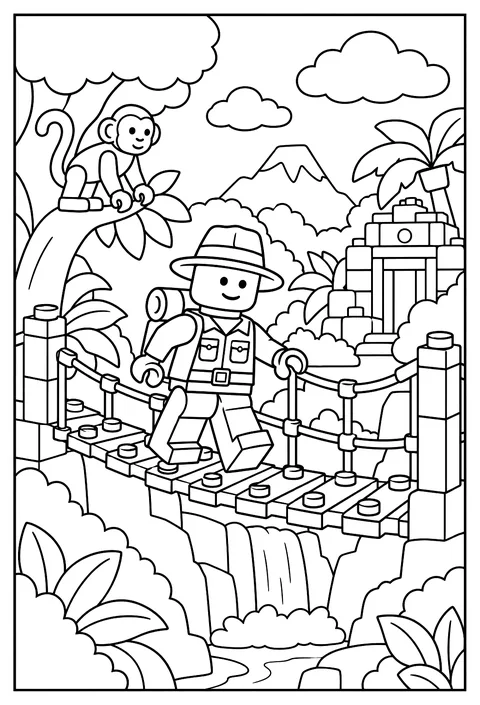 A LEGO explorer minifigure crossing a brick vine bridge in a brick jungle coloring page