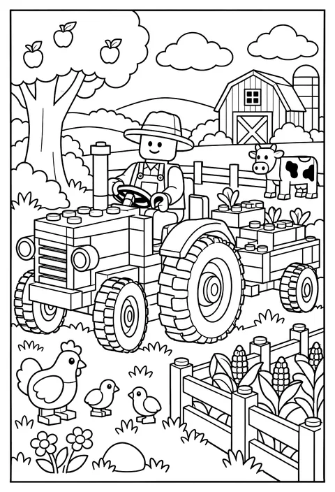 A LEGO farmer minifigure driving a brick tractor through a brick field coloring page
