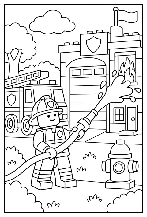 A LEGO firefighter minifigure spraying a hose at a brick fire station coloring page