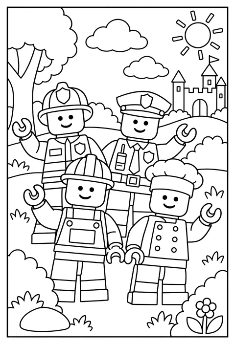 A group pose of four LEGO minifigures with different hats coloring page