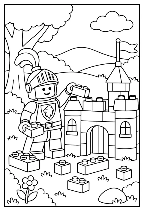 A LEGO knight minifigure building a brick castle with turrets and a flag coloring page