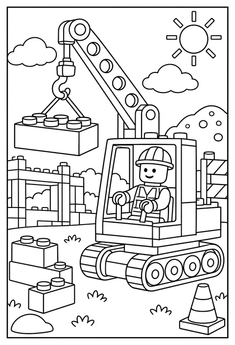 A LEGO minifigure at a brick construction site operating a crane coloring page