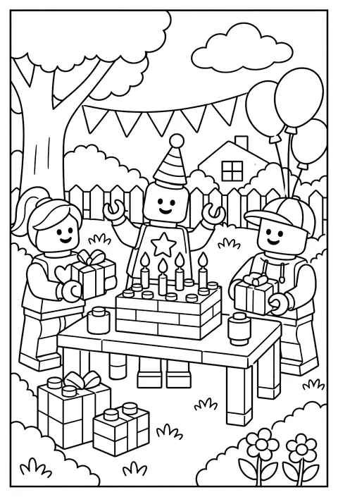 A LEGO minifigure birthday party with a brick cake and candles coloring page