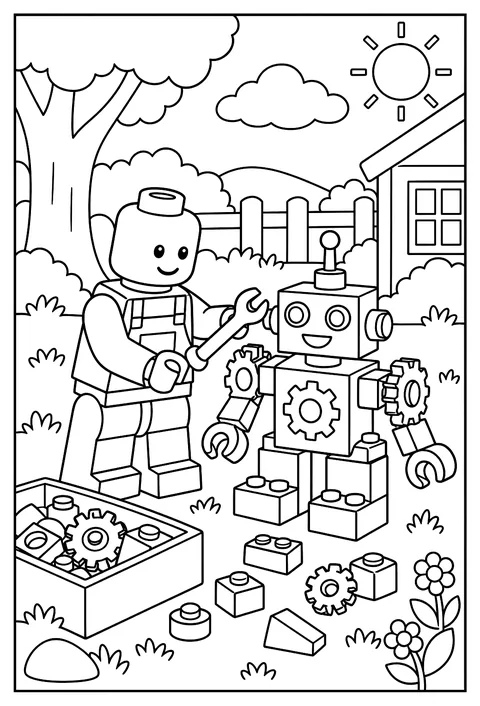 A LEGO minifigure building a brick robot with gear wheels coloring page