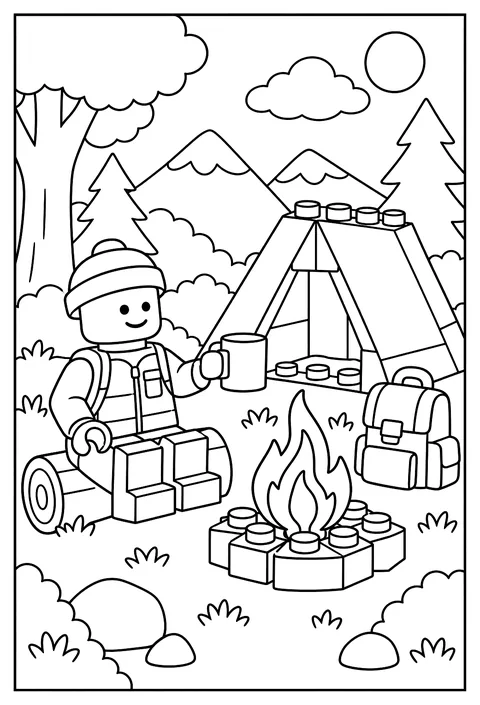 A LEGO minifigure camping beside a brick tent and a brick campfire coloring page