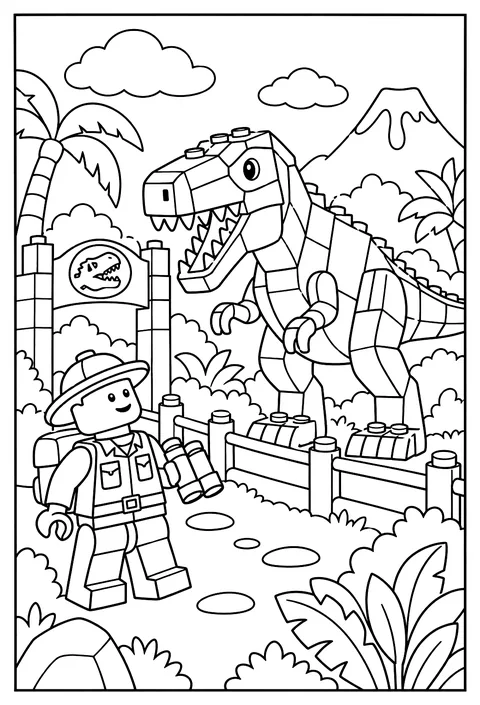 A LEGO minifigure exploring a brick dinosaur park with a brick T-rex coloring page