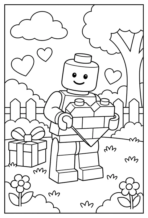 A LEGO minifigure holding a big brick heart for Valentine's Day coloring page