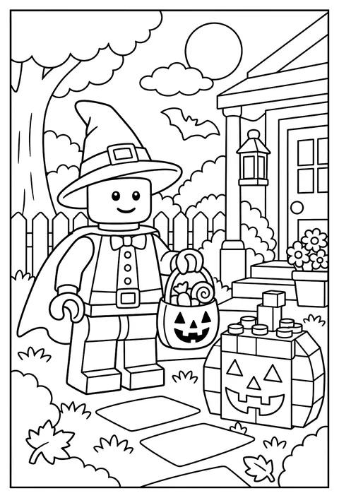 A LEGO minifigure in a Halloween costume beside a brick-built pumpkin coloring page