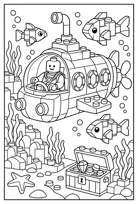 A LEGO minifigure piloting a brick submarine past brick fish coloring page