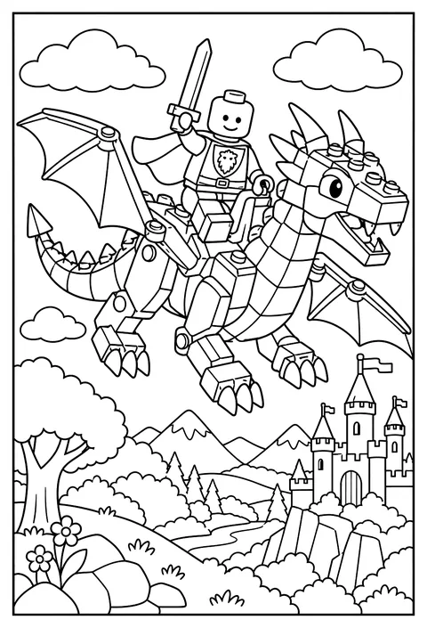 A LEGO minifigure riding a brick dragon with folded wings coloring page
