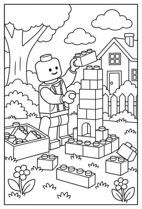 A LEGO minifigure stacking bricks to build a tall tower coloring page