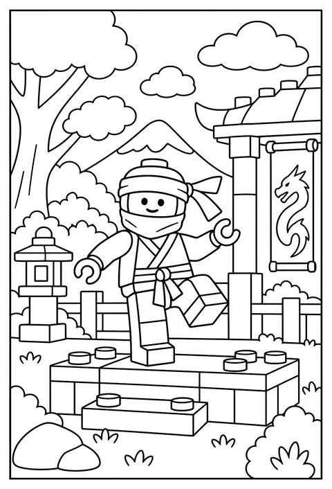 A LEGO ninja minifigure balancing on a brick dojo platform coloring page