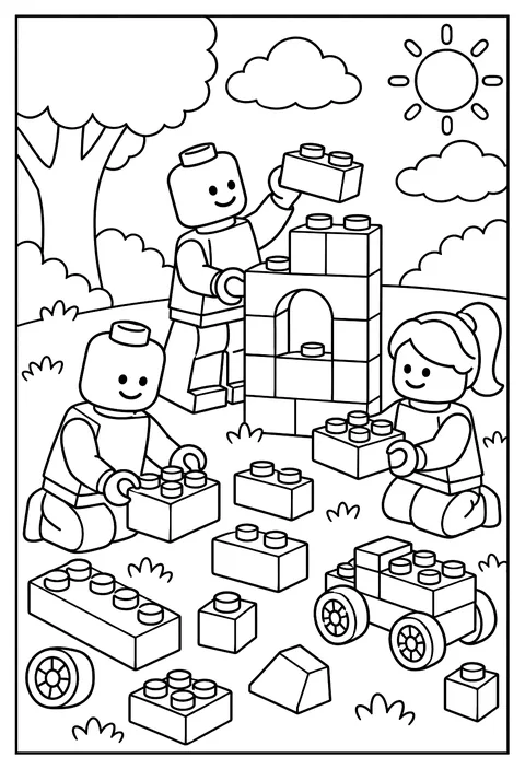 A pattern page of LEGO bricks, studs, wheels and minifigure heads coloring page